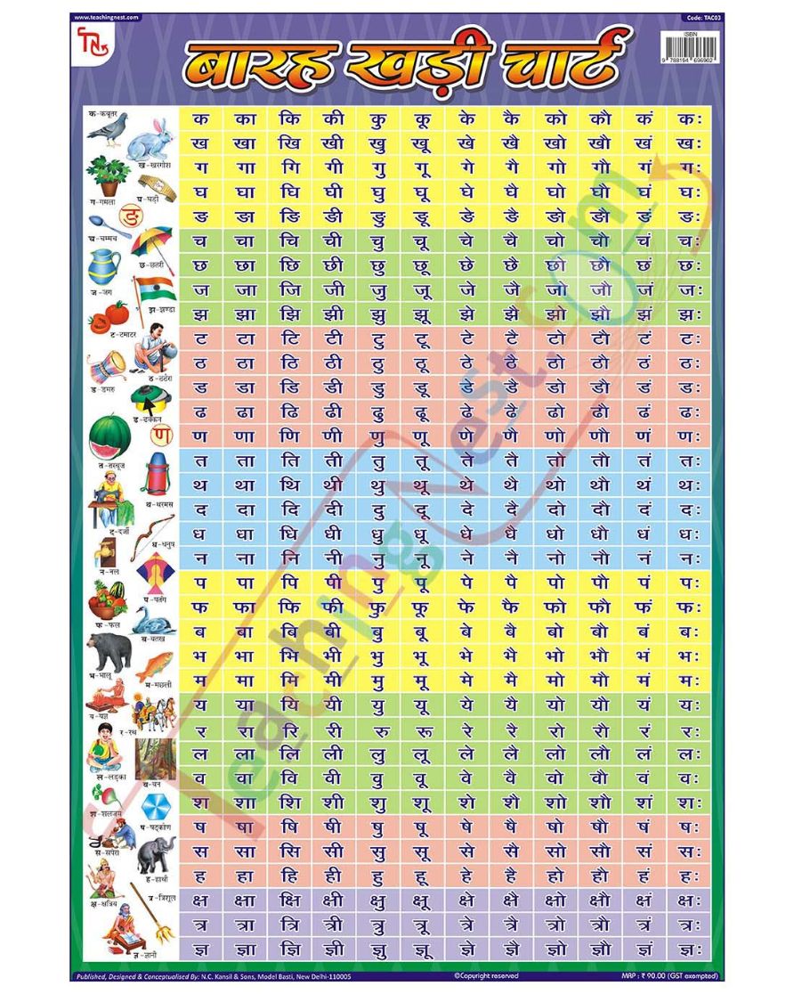 Hindi Barakhari Chart - Laminated, Wall Sticking, 13x19 inch, 33x48 cm, Hindi only