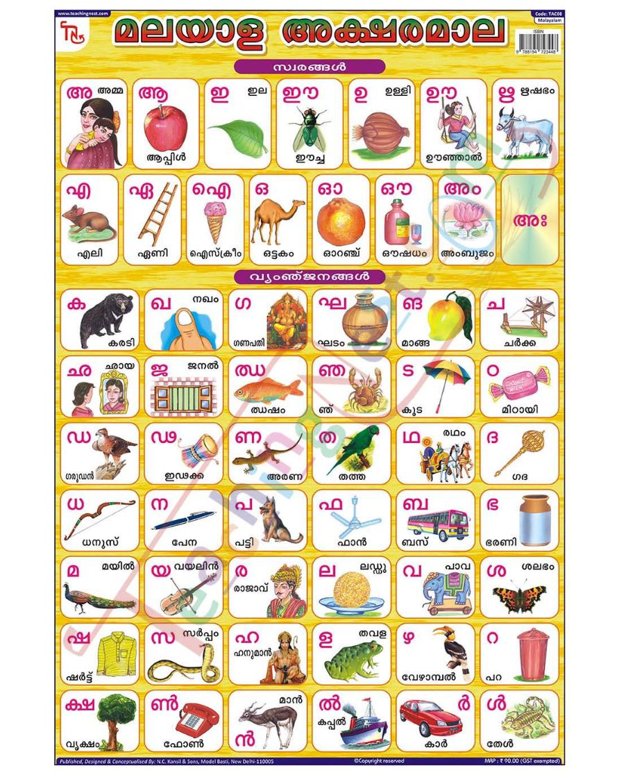 Malayalam Alphabet - Laminated, Wall Sticking, 13x19 inch, 33x48 cm, Malayalam