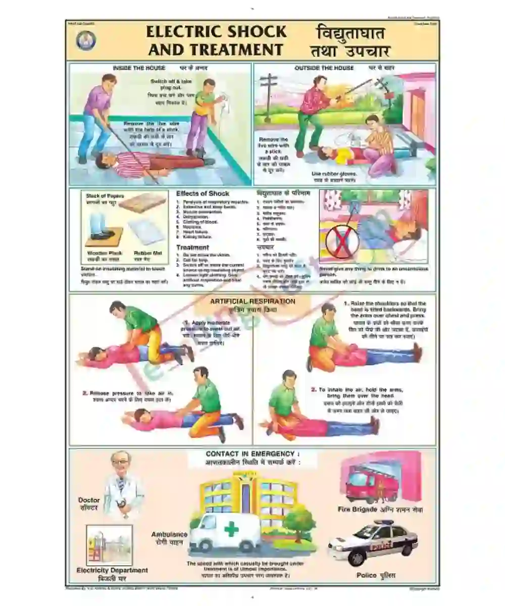 Electric Shock Treatment Chart Laminated With Rollers 50×70 Cm English And Hindi Combined 