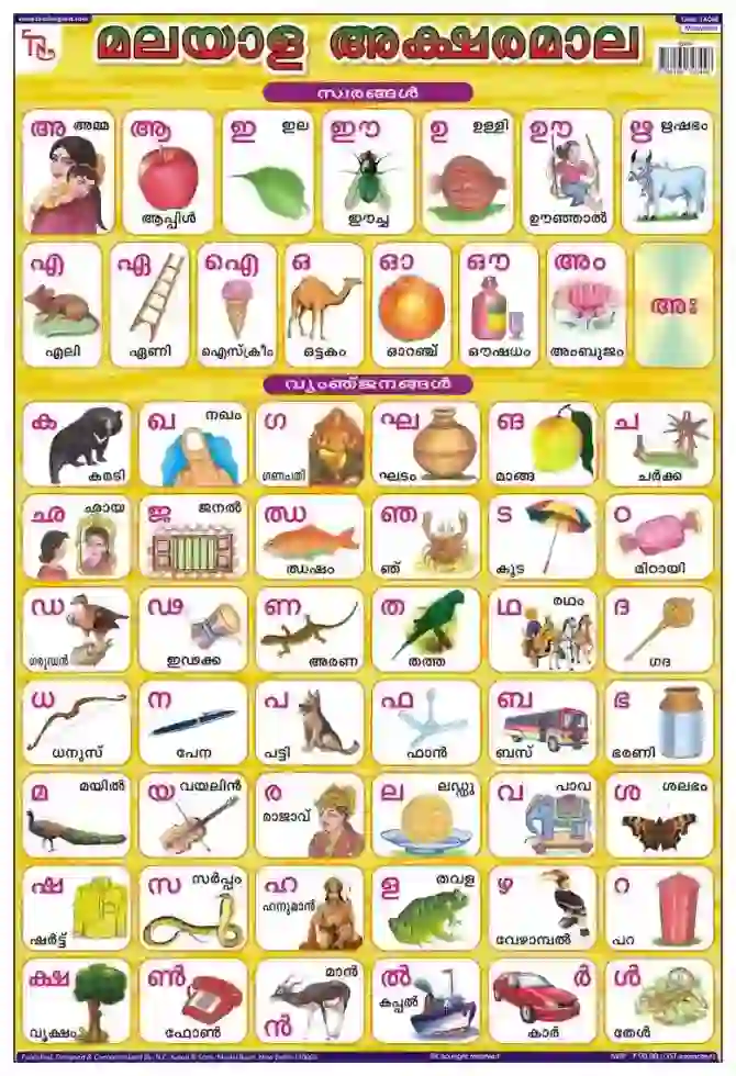 Malayalam Alphabet - Laminated, Wall Sticking, 13x19 inch